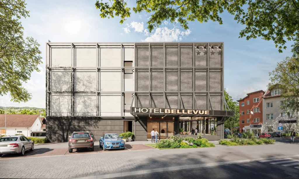 Moderne Fassade des Vier Sterne Hotels Bellevue mit Haupteingang