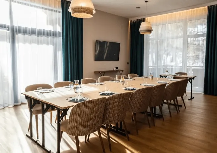 Sala spotkań biznesowych z dużym stołem, eleganckie wnętrze do narad i kameralnych konferencji