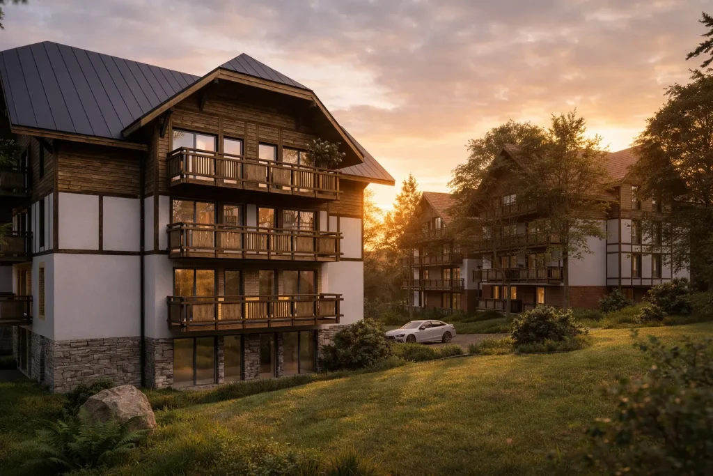 Moderní apartmány v alpském stylu s dřevěnými balkony, zasazené do zelené krajiny při západu slunce